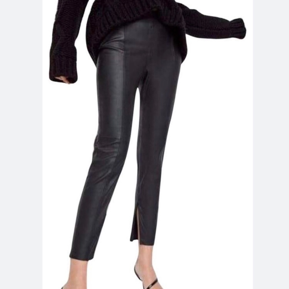 Zara Black Faux Leather High Waist Pant Size XXL Back Split Ankle